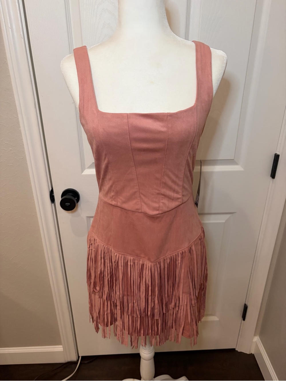 Trixxi Dusty Rose Faux Suede Fringe Mini Dress NWT - Size M